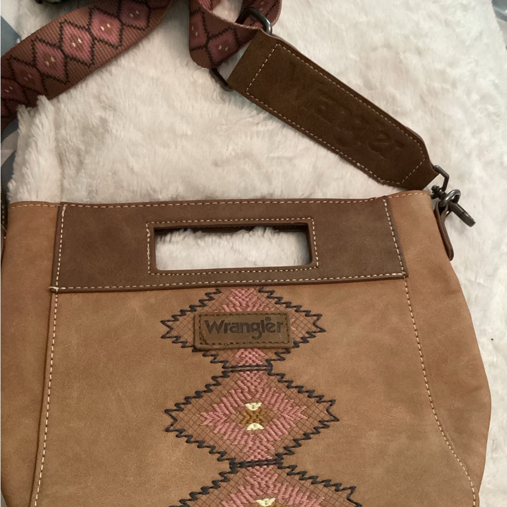 Wrangler Brown and Tan Suede Shoulder Bag with Aztec Embroidery